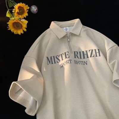 华夫格美式复古翻领t恤短袖男Polo衫重磅潮牌ins潮流体恤半袖夏装