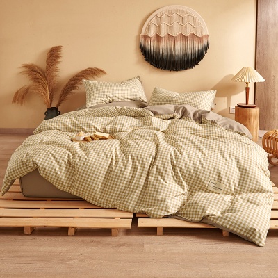春夏季加厚磨毛纯棉纯色床笠款四件套日式无印格子条纹全棉三件套