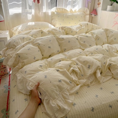 法式公主风皱皱纱床盖四件套复古格子荷叶花边被套夹棉床盖三件套