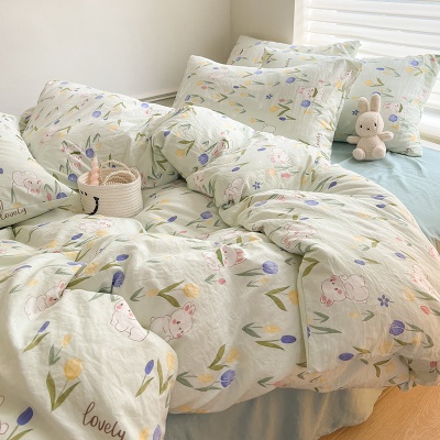 A类母婴双层纱水洗棉麻茶萃棉四件套ins小清新学生宿舍三件套批发