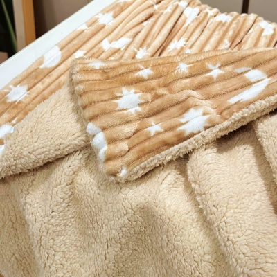 跨境新款星月抽条羊羔绒双层毛毯法兰绒毯子办公室午睡盖毯空调被