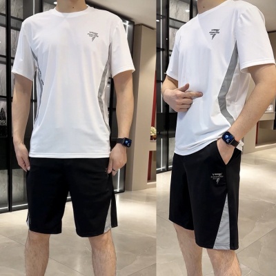 男士休闲运动套装时尚冰丝短袖短裤两件套透气跨境外贸