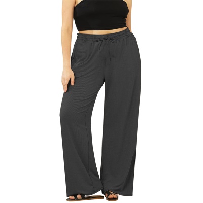 跨境欧美大码阔腿休闲裤慕斯暖绒带口袋女200斤宽松抽绳阔腿长裤