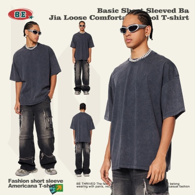 BE男装2025夏新款青少年水洗做旧短袖t恤男抑菌薄荷凉感短袖t恤男
