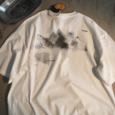 夏季新款慵懒风日系卡通猫咪印花T恤短袖男女百搭宽松半袖打底衫