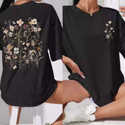 跨境外贸宽松棉T恤衫女清新卡通印花短袖透气短袖上衣宽松大码T