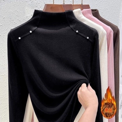 双面德绒半高领打底衫女秋冬季设计感小众修身打底衫洋气内搭上衣