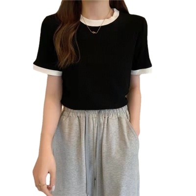 螺纹短袖T恤女2024夏季新款纯色内搭弹力修身大圆领薄款体恤上衣