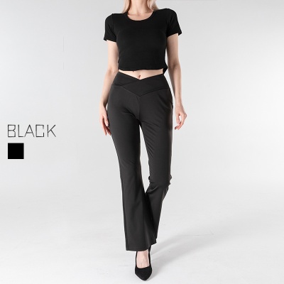 欧美跨境新款微喇裤女 提臀收腰宽松长裤V型腰交叉通勤休闲裤现货