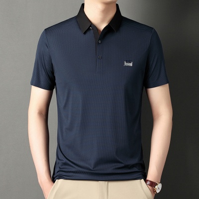 2025男士短袖翻领T恤男时尚休闲烫钻 条纹半袖POLO衫中年男装代发