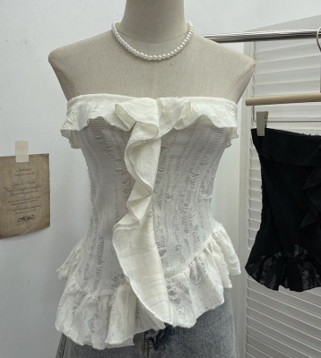 实拍 废土风抹胸做旧破洞不规则荷叶边背心千禧辣妹无袖上衣 9228