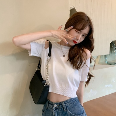 露肩设计感针织t恤女2025新款女式夏季上衣女短款显身材打底衫女