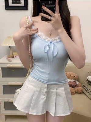 765#纯欲性感蕾丝拼接坑条吊带背心女带胸垫内搭修身显瘦打底衫