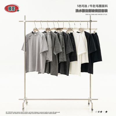 BE男装|2025夏季美式街头复古插肩短袖T恤卷边短裤休闲两件套男潮