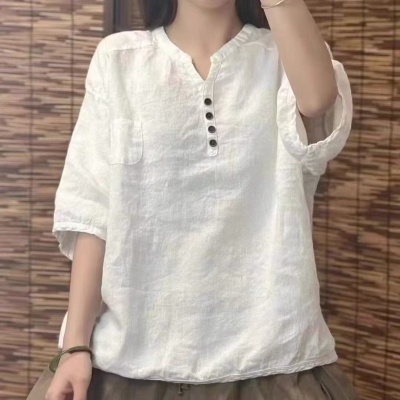 跨境外贸夏季新款女士上衣T恤纯色休闲舒适宽松新中式V领五分袖女