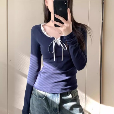 藏蓝色三粒扣上衣女美式复古bm修身短款罗纹长袖打底衫T恤女秋冬