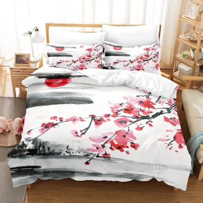跨境3d数码印花三件套亚马逊春天花卉系列梅花被套床上用品四件套