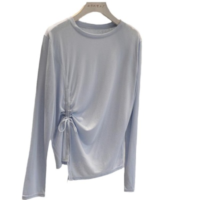 韩系小姐姐!轻薄凉感竹节棉抽绳长袖T恤女简约纯色防晒罩衫潮