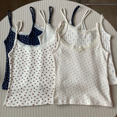 BM夏季纯欲性感碎花蕾丝蝴蝶结吊带背心女时尚修身显瘦内搭上衣