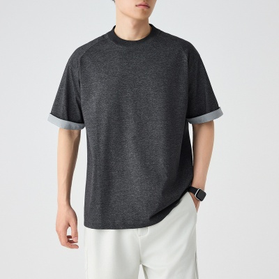 墨麦客男装撞色假两件短袖男2025夏季新款双色色织圆领T恤71906.