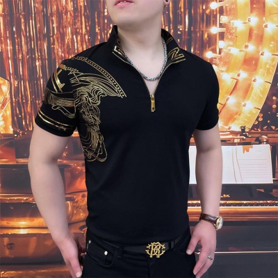 男士时尚休闲夏季短袖潮流修身翻领轻者百搭高品质商务印花帅气