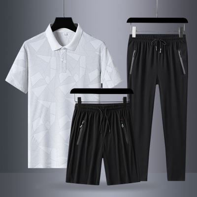 爸爸夏装套装冰丝短袖t恤中老年运动套装男士父亲节夏季速干T衣服