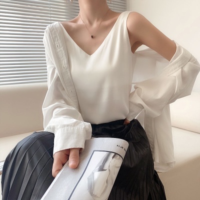 24真丝吊带背心女内搭西装白色黑色打底缎面桑蚕丝上衣小夏季v领