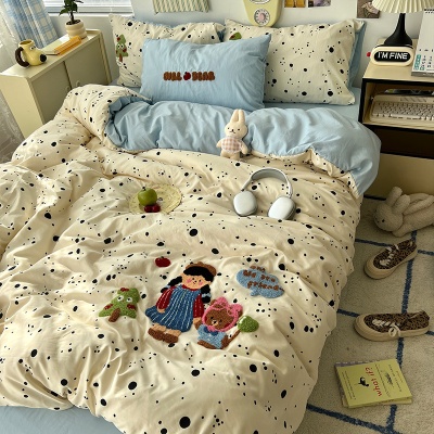 母婴级A类纯水洗棉毛巾绣四件套全棉床单被罩床笠学生宿舍三件套