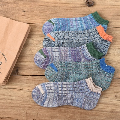 春秋新款男士袜子双针短筒棉袜运动户外船袜混线拼色吸汗透气批发