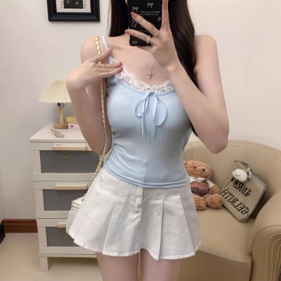 765#纯欲性感蕾丝拼接坑条吊带背心女带胸垫内搭修身显瘦打底衫