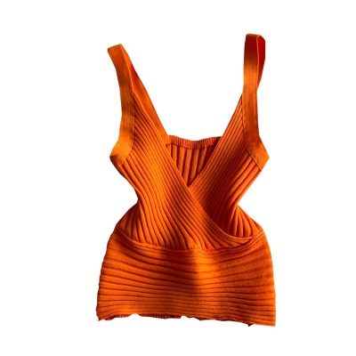 复古坑条针织背心V领内搭纯色高腰露背欧美街头短款修身吊带上衣