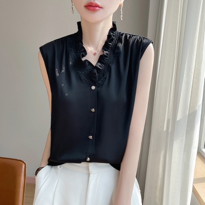gao级感缎面木耳边背心吊带女v领夏季无袖上衣气质内搭衬衣打底衫