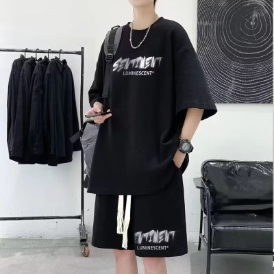 华夫格套装男生夏季青少年休闲运动装搭配帅气短裤男短袖两件套潮