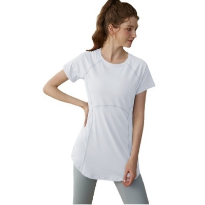 外贸2024新款瑜伽服女中长款遮臀显瘦短袖T恤跑步运动上衣健身服