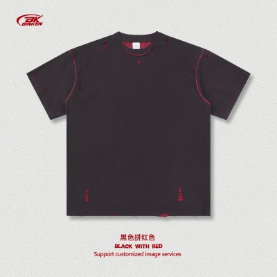 BK男装双面穿纯棉短袖240g磨破做旧美式复古t恤男宽松休闲短袖夏