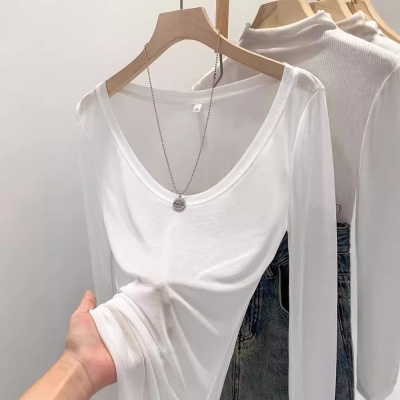 天丝亲肤薄款微透修身纯欲辣妹白色u领防晒打底罩衫T恤女早秋上衣
