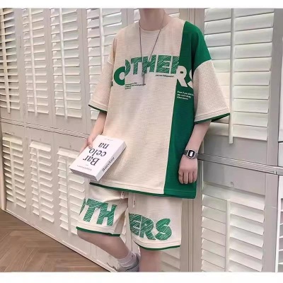 拼色华夫格休闲套装男士夏季宽松短袖短裤搭配帅气运动服男装一套