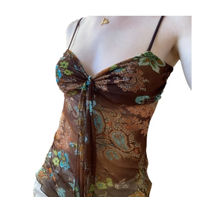 欧美复古撞色印花V领小吊带女2025春季撞色修身褶皱系带透视上衣