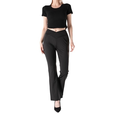 欧美跨境新款微喇裤女 提臀收腰宽松长裤V型腰交叉通勤休闲裤现货