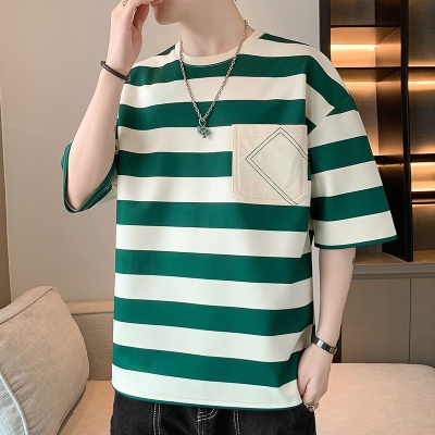 夏季新款男士短袖T恤男港风潮牌宽松圆领五分袖isn百搭半袖上衣潮