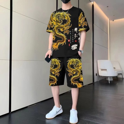 休闲运动套装男士短袖T恤短裤沙滩装潮流青年中国龙图案两件套夏
