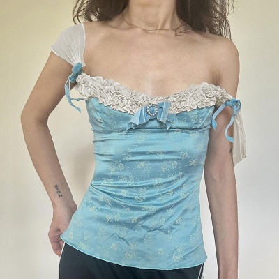 2025ins纯欲风性感辣妹蕾丝花边蝴蝶结印花收腰显瘦露背小背心女