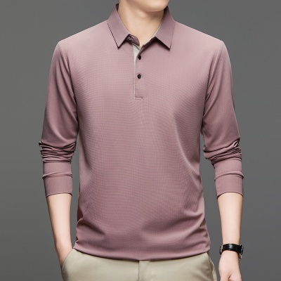 跨境外贸冰丝弹力薄款长袖t恤男式春秋季中年休闲打底polo衫上衣