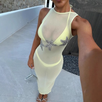 欧美ins风跨境女装性感时尚透视纯色五角星配饰网纱无袖圆领连衣