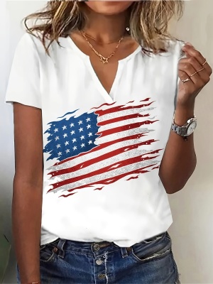 2024年夏季女士短袖T恤时尚独立日国旗猫印花短袖上衣休闲女装
