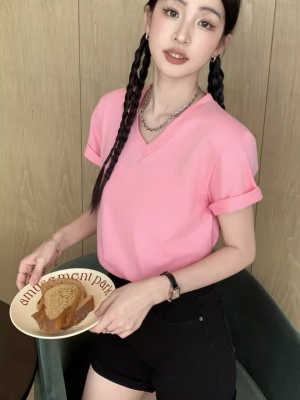 纯棉V领短袖T恤女内搭2024年春夏季新款220g正肩打底白色半袖上衣