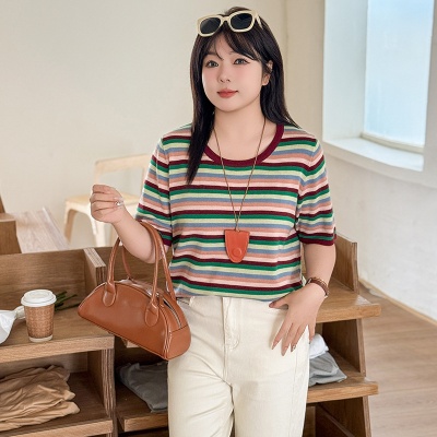 大码女装彩色条纹上衣女针织衫2025夏款胖mm宽松显瘦短袖t恤22837