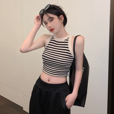 2023新款吊带背心 辣妹撞色条纹无袖t恤女内搭又纯又欲打底女上衣