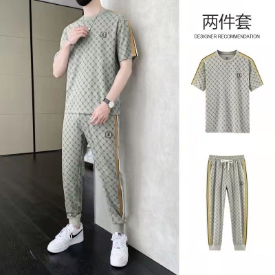 男士2024夏季新款休闲冰丝套装男款潮流帅气T恤+短裤运动两件套装