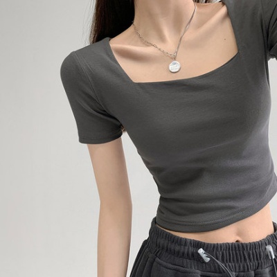 辣妹修身方领打底衫夏季短款纯欲露脐高腰T恤纯色显瘦短袖上衣女